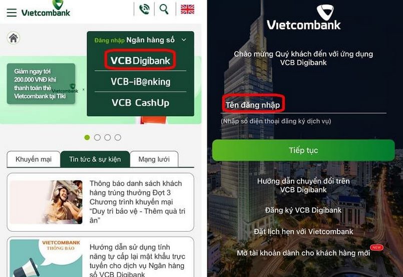 Đăng nhập trên app VCB Digibank